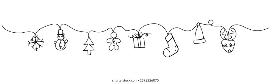 Christmas garland in continuous one line art style. Simple vector illustration