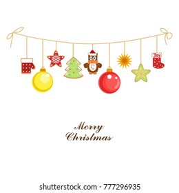 Christmas garland of cookies with owl, stars and decorations. Vector illustration.