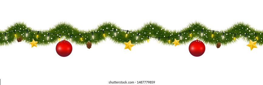 Christmas garland covered with snow. New year tinsel of fir with party lights, christmas balls, golden stars and pine cones