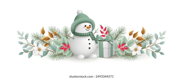 Christmas garland with a cute snowman, gift, fir branches, golden leaves and red berries on a white background. Christmas and New Year banner