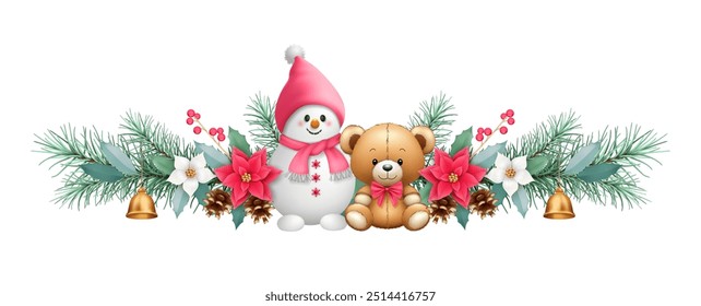 Guirnalda de Navidad con un lindo oso de peluche, muñeco de nieve, flores de flor de Pascua, campanas de Navidades sobre un fondo blanco