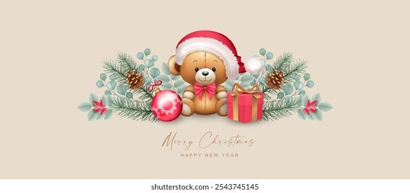 Christmas garland with a cute teddy bear in red cap, gift, fir branches and red berries. Christmas and New Year banner