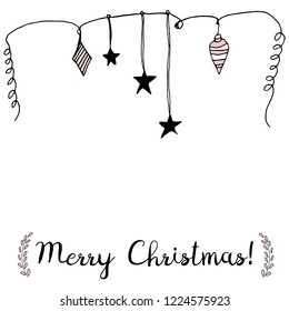 Christmas Garland With Decor And Lettering. Vector elements for greeting card. Hand Drawn Doodle Style. Space for text.