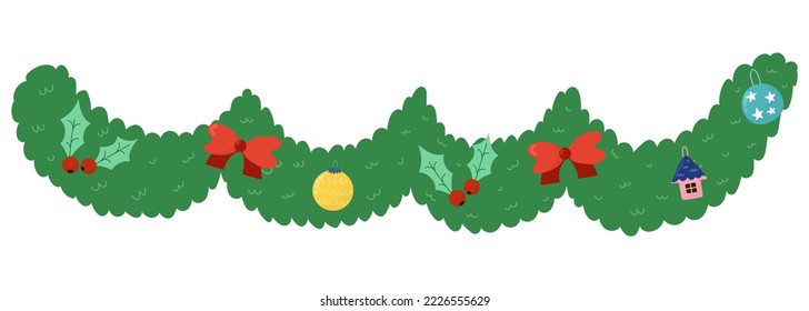 Christmas garland decor with toys, bows and mistletoe. Xmas decoration in cartoon style. Vector illustration