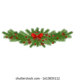 Christmas garland with decorations from fir branches and cones. Set of green spruce branches. Vector illustration