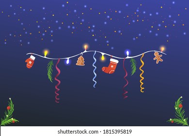 Christmas garland with Christmas decorations. Knitted decorations and colored garlands on a dark background. Spruce twigs, modern illustration.