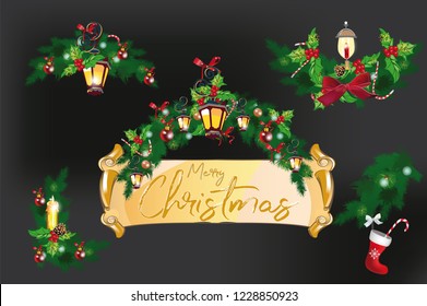 Christmas garland with decorations from Christmas tree branches, lanterns, candles, red and white ribbons, flowers. Christmas decoration card. 