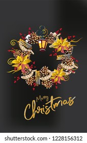 Christmas garland with decorations from wood, spices, flowers. Christmas decoration card. 
