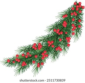 Christmas Garland With decorative red berries. Xmas. Christmas element, green leaves, pine trees. Vector. Eps 10
