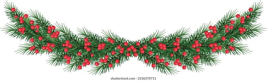 Christmas Garland With decorative red berries. Xmas. Christmas element, green leaves, pine trees. Vector. Eps 10