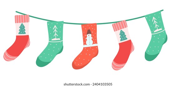 Christmas garland with decorative socks on string