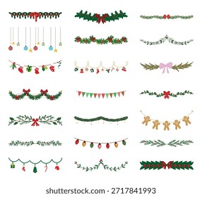 Christmas Garland and Divider Set. Vector Flat Illustration of Holiday Borders with Pine Branches, Holly Leaves, Red Bows, Hanging Baubles and Ornaments for Winter Festive Design.