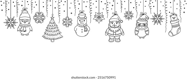 grinalda de Natal com brinquedos estilo doodle no fundo branco.