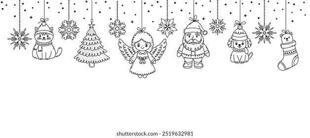 Christmas garland with doodle style toys on white background.