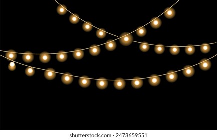 Christmas or garland festive hanging lights isolated on black background.