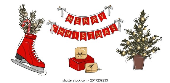 Christmas garland, festive tree decorated with lights, ice skates arrangement, holiday gift greeting card, planner stickers, icons in vector
