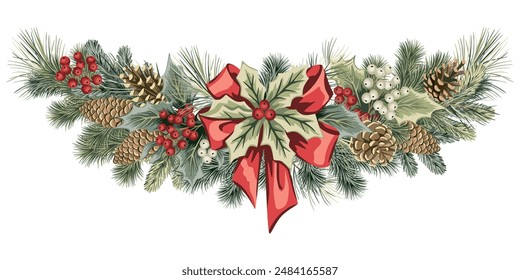 Christmas garland with fir branch, mistletoe, bow, cone. Holiday decoration.	