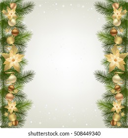 Christmas garland with fir branches and decorative elements. Christmas border with Poinsettia flowers for christmas decorations