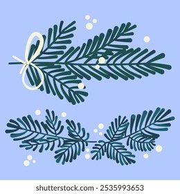 Christmas garland with fir branches. Christmas holiday garland, banner, coniferous branches, leaves and holly berries. New Year's decoration, nature. Fir twigs with green needles.