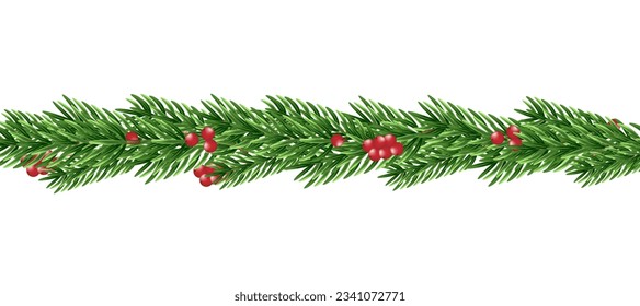 Christmas garland with fir branches and red berries. Garland of realistic spruce branches. Holiday background. Vector