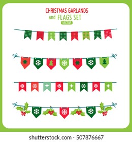 Christmas Garland And Flags Decoration Elements Set. Winter Holidays Vector Clip Art On White Background. New Year Garland Decorations. Snowflakes, Christmas Balls Vector.