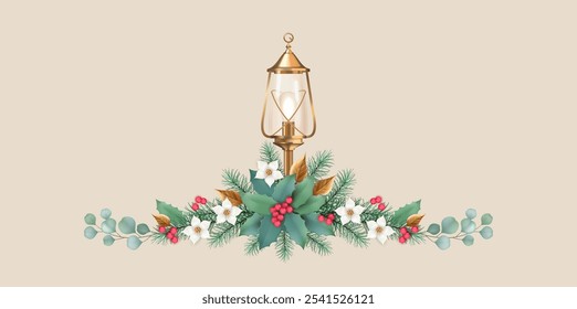 Glândula de Natal de flores, ramos de abeto, bagas vermelhas e lanterna dourada. Banner de Natal e Ano Novo