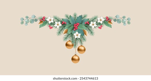 guirlanda de Natal de flores, ramos de abeto, folhas douradas e frutos vermelhos. Banner de Natal e Ano Novo