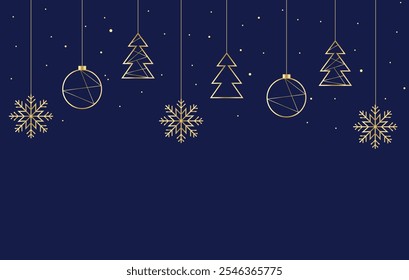Christmas garland with geometric balls, snowflakes, Christmas trees and glitters on the dark blue background. Christmas, New year greeting template for the banners, greeting cards and social medias.