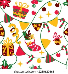 Christmas garland, gifts boxes and other christmas decoration.  Christmas print on white background. Seamless pattern.