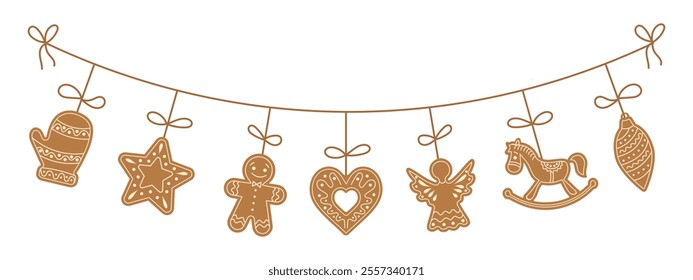 Christmas garland with gingerbread cookies in the form of different characters and holiday items. Festive illustration.