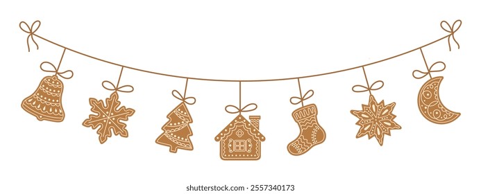 Christmas garland with gingerbread cookies in the form of different characters and holiday items. Festive illustration.