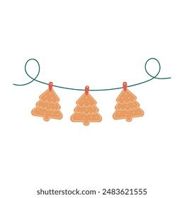 Christmas garland with gingerbread Christmas tree hand drawn isolated
