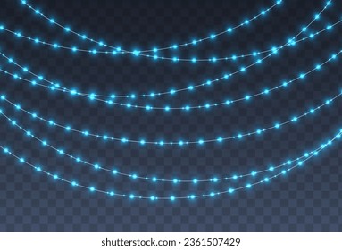 Christmas garland, glowing blue light bulbs string. Xmas, New Year, wedding or Birthday lights isolated on a dark background. Vector party event decoration. Winter holiday season element.