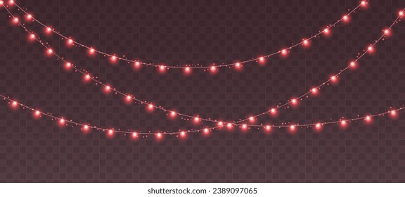 Mariscos de Navidad, bombillas rojas brillantes cuerdas con chispas. Nochebuena, Año Nuevo, luces de bodas o cumpleaños. Decoración de eventos de fiesta vectorial. Elemento de temporada de invierno.