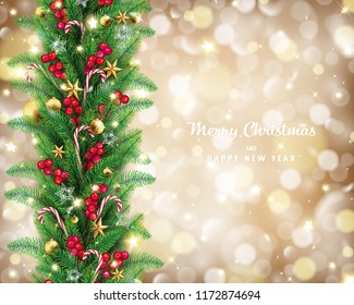 Christmas garland in golden bokeh background conception,it has free space on the right hand side and lettering quote,fairy stars are carrying by the wind twinkle along