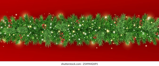 Christmas garland with green fir, glowing lights. New Year luxury red background with realistic pine tree branches, magic gold glitter, stars. Festive party banner with fairy bulb.Vector illustration.