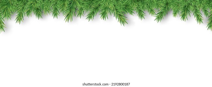 Christmas garland. Holiday border. Branch frame. Green fir long banner. Festive winter decor. New Year luxury decoration. Season greeting ornament. Xmas tree. Winter celebration. Vector illustration.