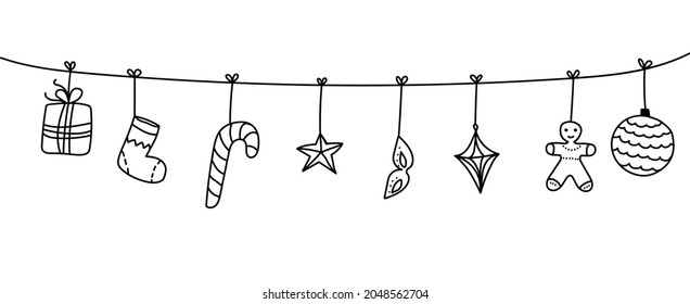 Christmas garland with holiday elements in doodle style vector illustration. New year decoration.