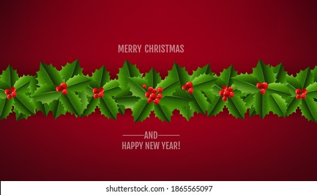 Christmas Garland Holly Berry Card With Red background With Gradient Mesh, Vector Illustration