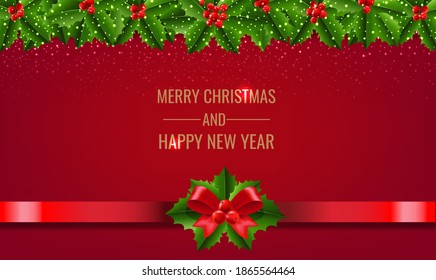 Christmas Garland With Holly Berry And Snow red background With Gradient Mesh, Vector Illustration