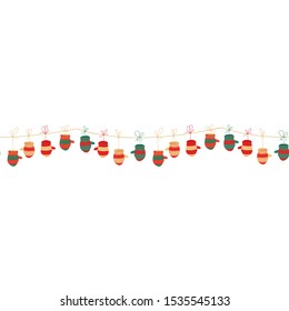 Christmas garland. horizontal seamless pattern with knitted mittens