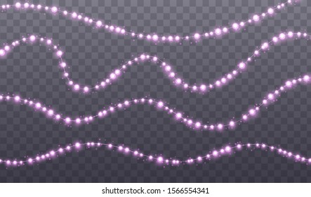 Christmas garland isolated on transparent background. Glowing pink light bulbs with sparkles. Xmas, New Year, wedding or Birthday decor. Party event decoration. Winter holiday season element.