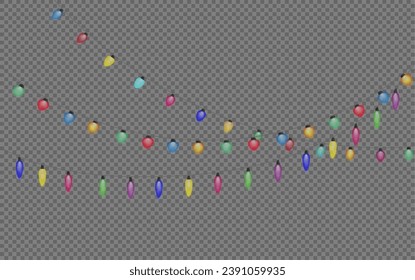 Christmas garland isolated on transparent background. Glowing colorful light bulbs with sparkles.Xmas, New Year, wedding or Birthday decor. Party event decoration. Winter holiday season element.