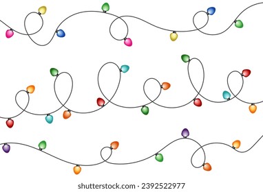 Christmas garland isolated on transparent background. Glowing colorful light bulbs with sparkles.Xmas, New Year, wedding or Birthday decor. Party event decoration. Winter holiday season element.