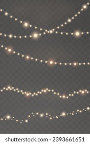 Christmas garland isolated on transparent background. Glowing colorful light bulbs with sparkles.Xmas, New Year, wedding or Birthday decor. Party event decoration. Winter holiday season element.