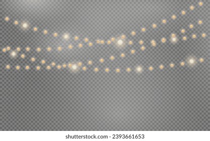 Christmas garland isolated on transparent background. Glowing colorful light bulbs with sparkles.Xmas, New Year, wedding or Birthday decor. Party event decoration. Winter holiday season element.