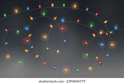 Christmas garland isolated on transparent background. Glowing colorful light bulbs with sparkles.Xmas, New Year, wedding or Birthday decor. Party event decoration. Winter holiday season element.