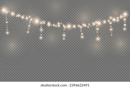Christmas garland isolated on transparent background. Glowing colorful light bulbs with sparkles.Xmas, New Year, wedding or Birthday decor. Party event decoration. Winter holiday season element.