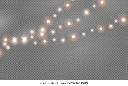 Christmas garland isolated on transparent background. Glowing colorful light bulbs with sparkles.Xmas, New Year, wedding or Birthday decor. Party event decoration. Winter holiday season element.
