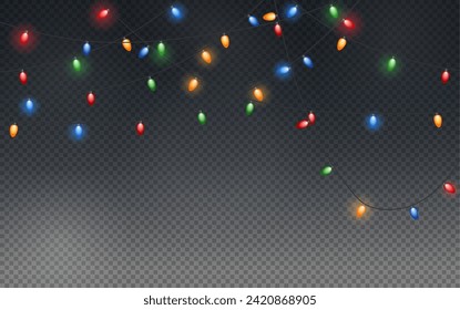 Christmas garland isolated on transparent background. Glowing colorful light bulbs with sparkles.Xmas, New Year, wedding or Birthday decor. Party event decoration. Winter holiday season element.